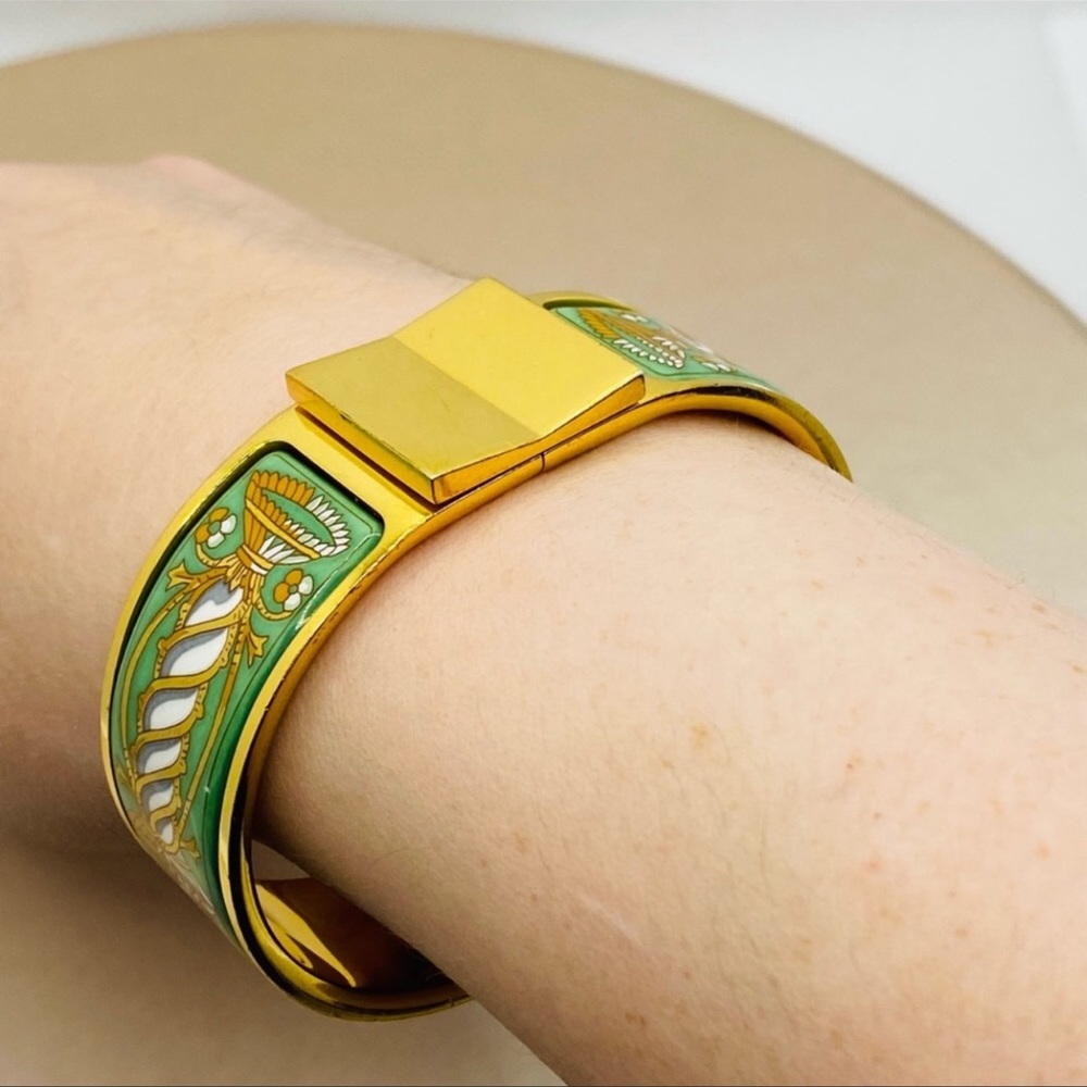 Vintage Hermès Green Enamel Cloisonné GM Clic Clack Cuff Bangle Bracelet. - Picture 1 of 8